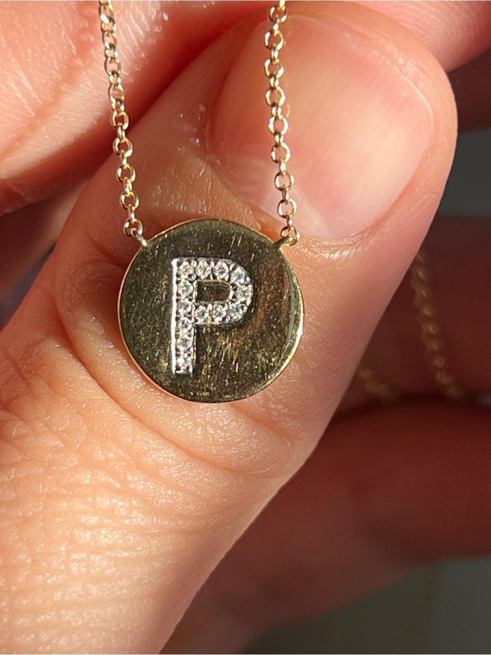 14k Good Initial 'P' Disc Necklace with Pavé Diamonds - Picture 4 of 10